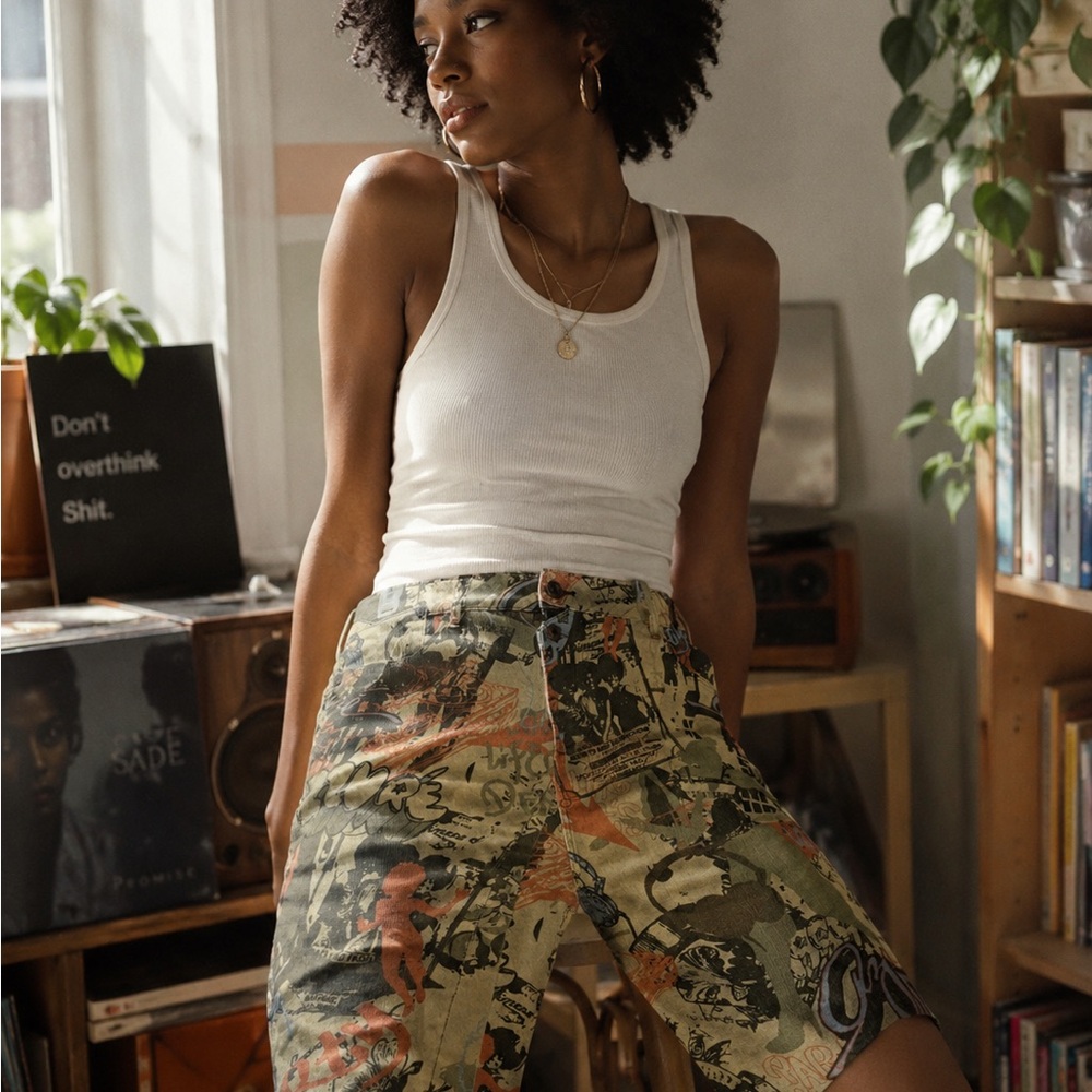 Graphic Patchwork Cargo Skirt in Olive & Muted Orange